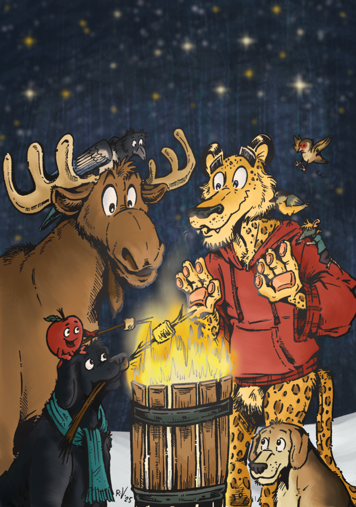 Illustration of characters around a fire