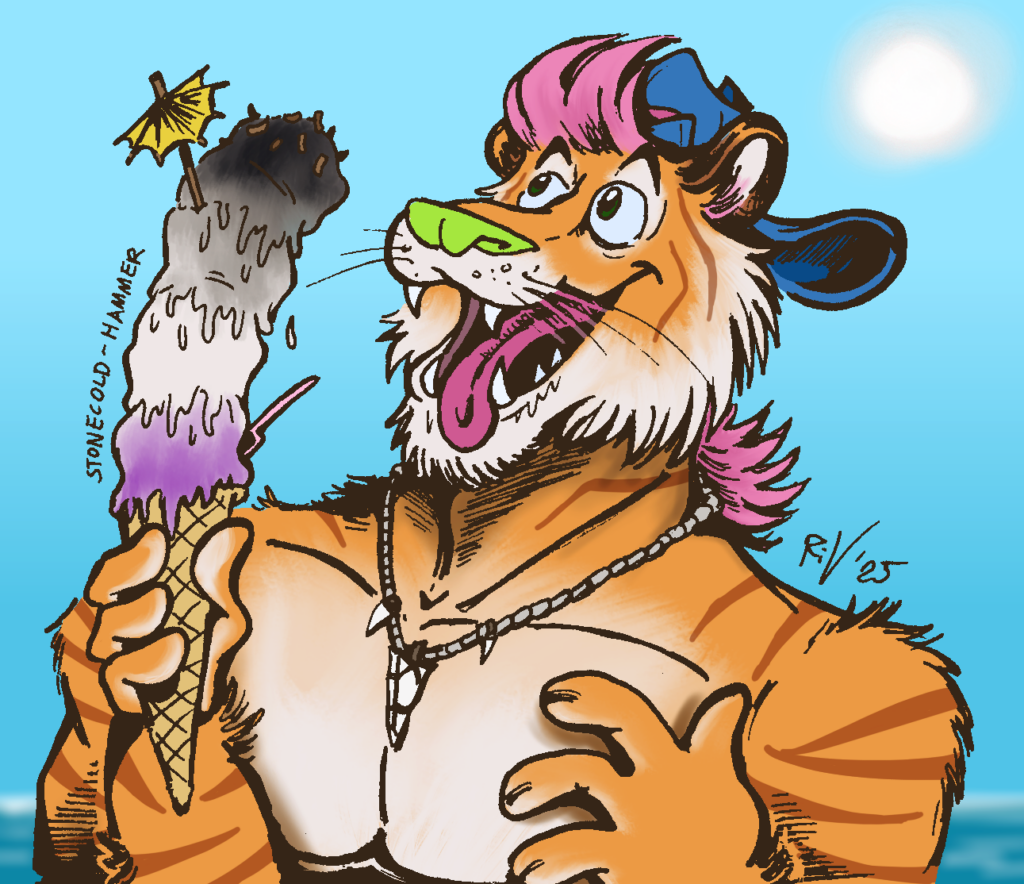 cartoon drawing of an anthropomorphic tiger with ice cream